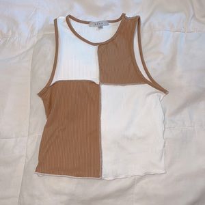 brown and white color block shirt/outside stitching/GAZE/ size XS